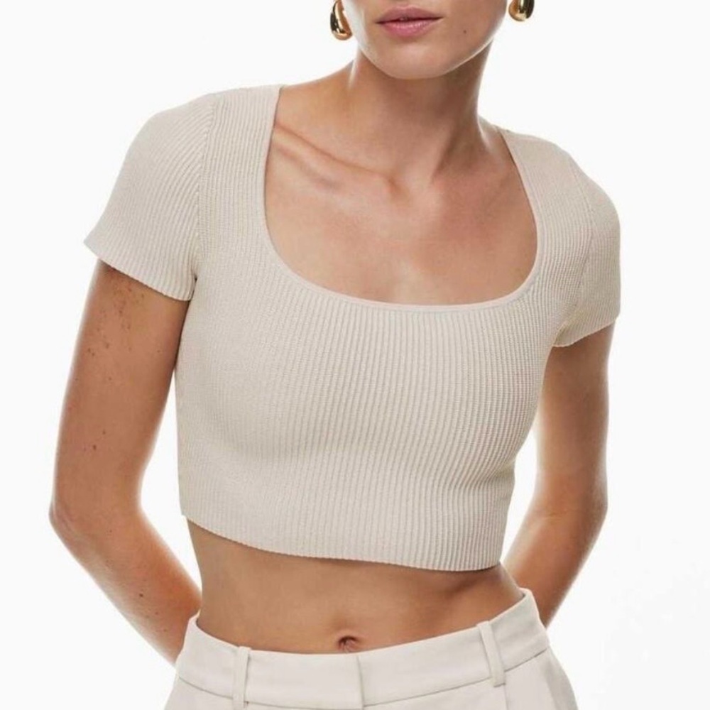 Aritzia Babaton Sculpt Knit Square-Neck Ribbed Cropped Top - Cream, Short Sleeve